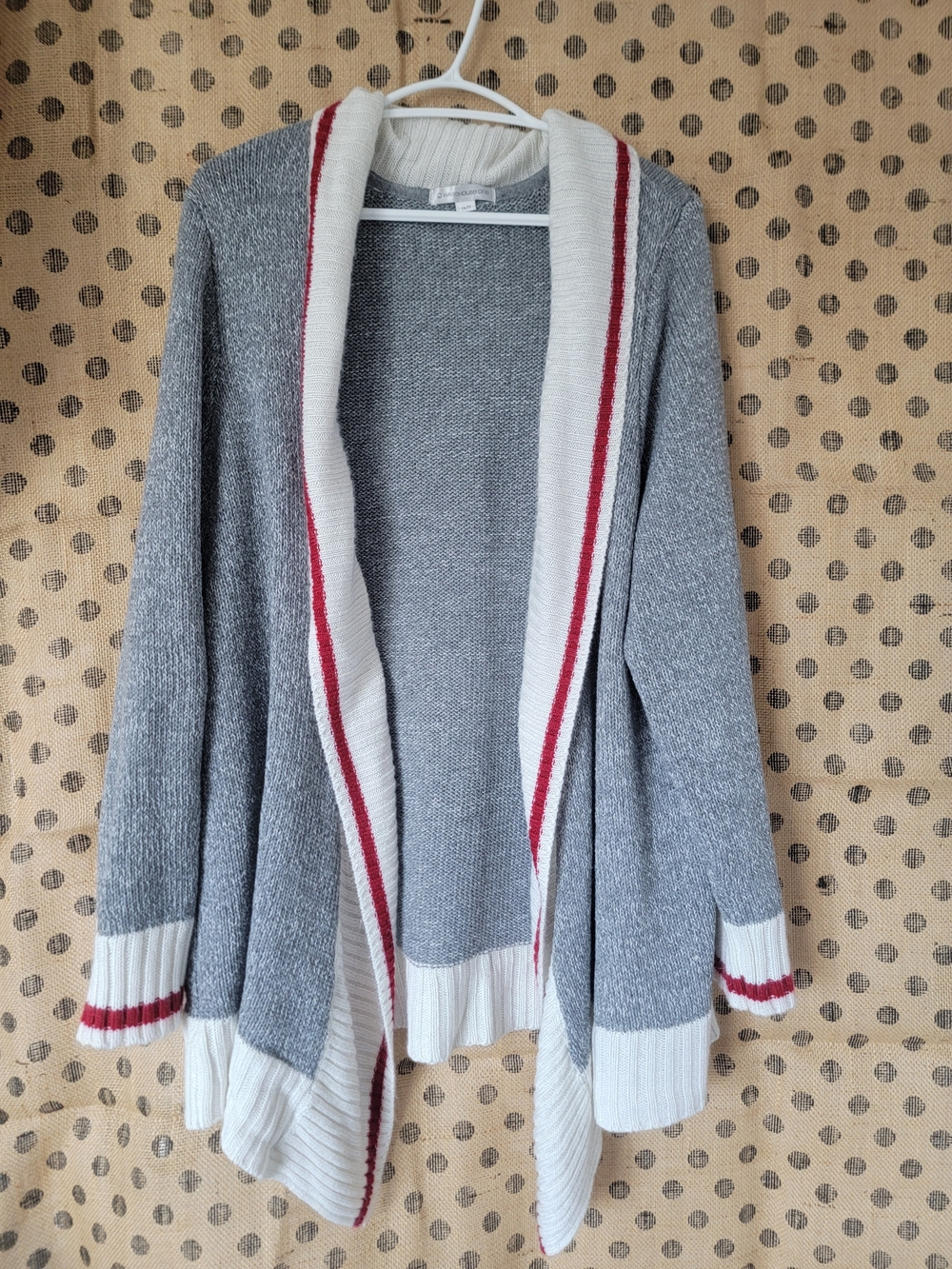 Grey Open-Front Sock Monkey Cardigan with Cream & Red Trim